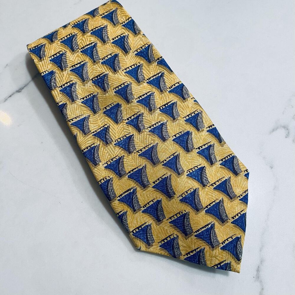Countess Mara Silk Tie Mens Yellow Blue Geometric Old Money Made USA Vintage 90s